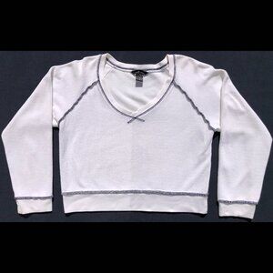 Moda International terrycloth top women size M white long sleeve deep V neck